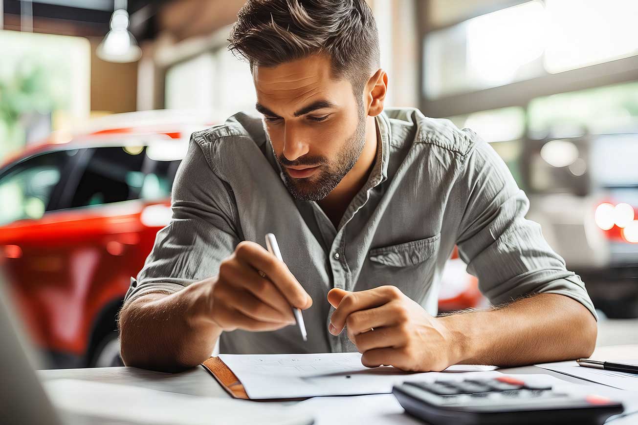 Conductor revisa informes periciales del coche y anuncios de segunda mano para calcular el valor de mercado del automóvil. Conductor revisa informes periciales del coche y anuncios de segunda mano para calcular el valor de mercado del automóvil.